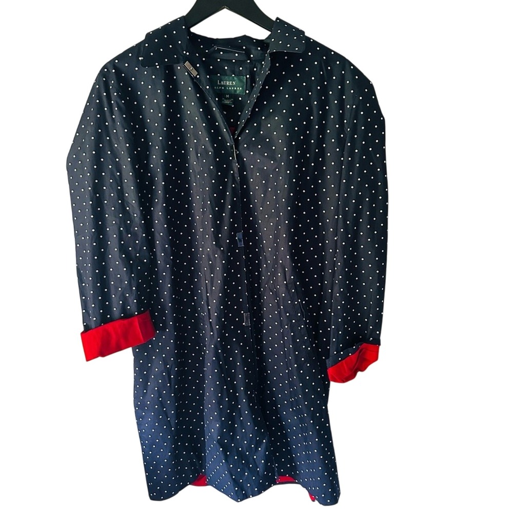 Lauren Ralph Lauren Navy Polka Dot A Line Car‎ Coat Red Lining Snap Button